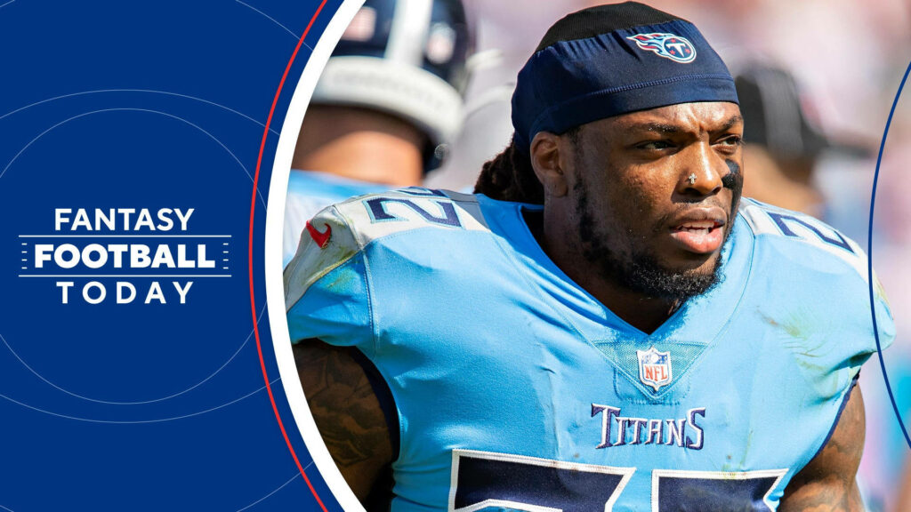 Derrick Henry in light blue Tennessee Titans jersey intense focus high-definition Fantasy Football Today wallpa Wallpaper