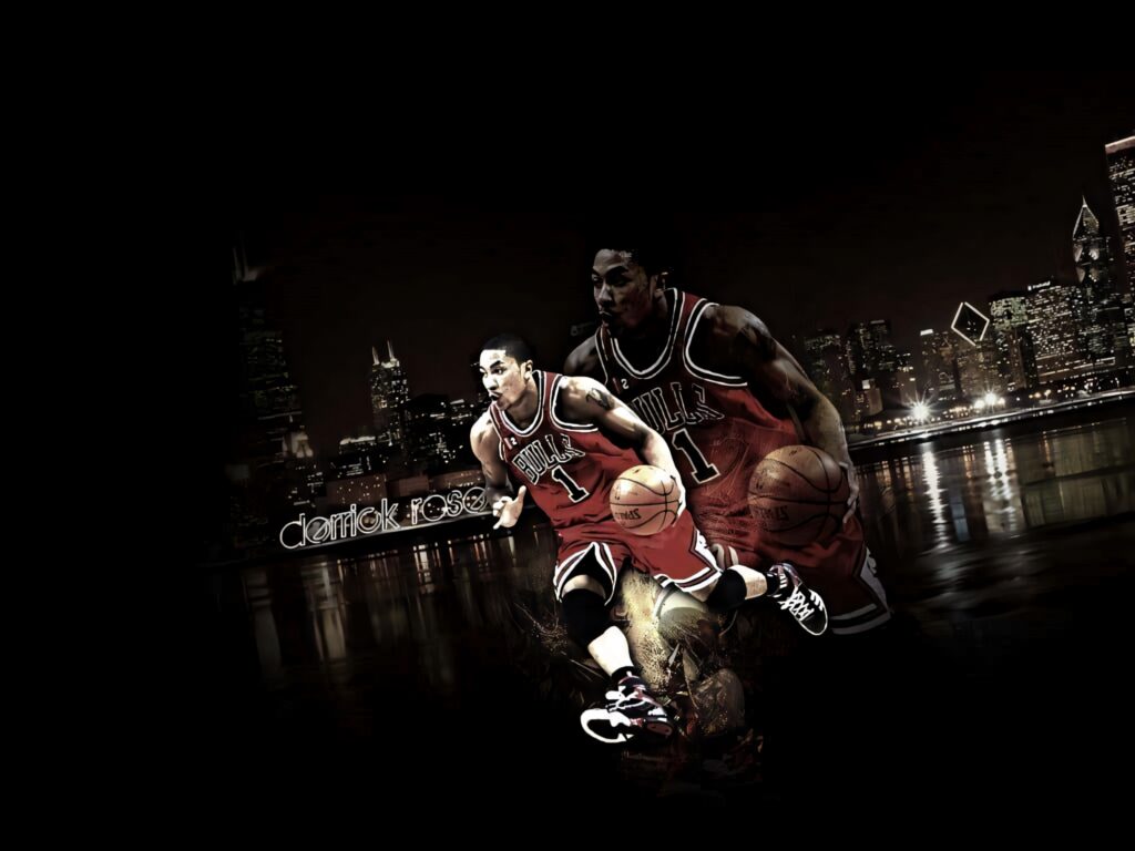 Derrick Rose basketball action wallpaper dynamic athletic cityscape bold modern graphic design