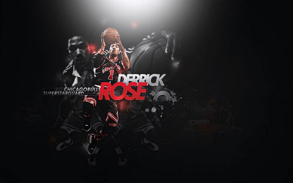Derrick Rose in Chicago Bulls uniform dynamic wallpaper with bold red white accents and dark background