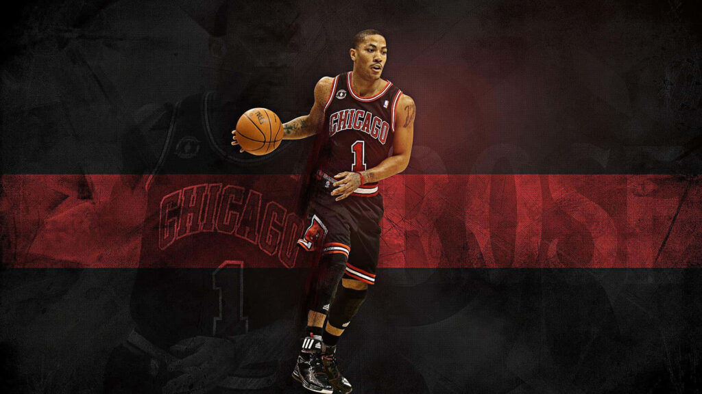 Derrick Rose dribbling basketball in Chicago Bulls uniform intense action dark red black background Wallpaper