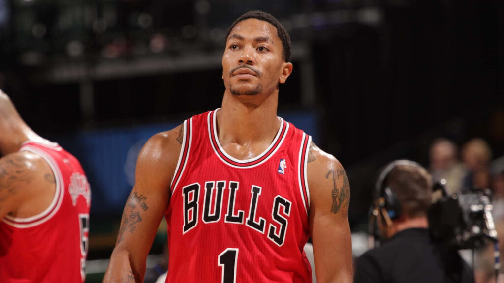 Derrick Rose Chicago Bulls number 1 intense basketball action wallpaper realistic background
