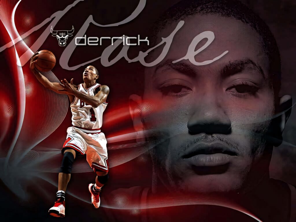 Derrick Rose NBA All Star wallpaper with dynamic red black background and Chicago Bulls text