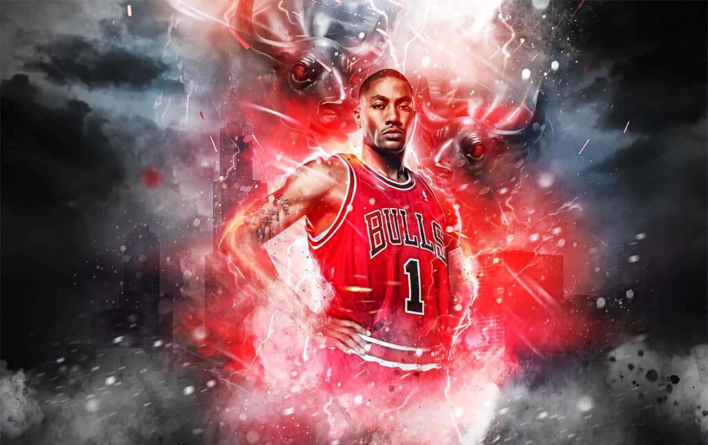 Derrick Rose Chicago Bulls red jersey dynamic wallpaper vibrant energy effects basketball art