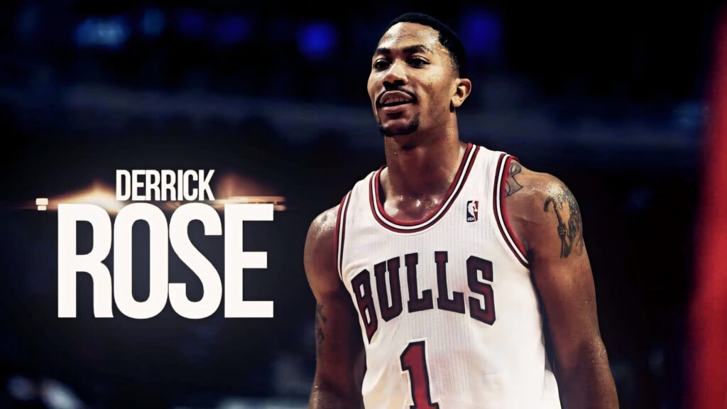 Derrick Rose Chicago Bulls jersey dramatic arena lighting sports wallpaper deep red black background