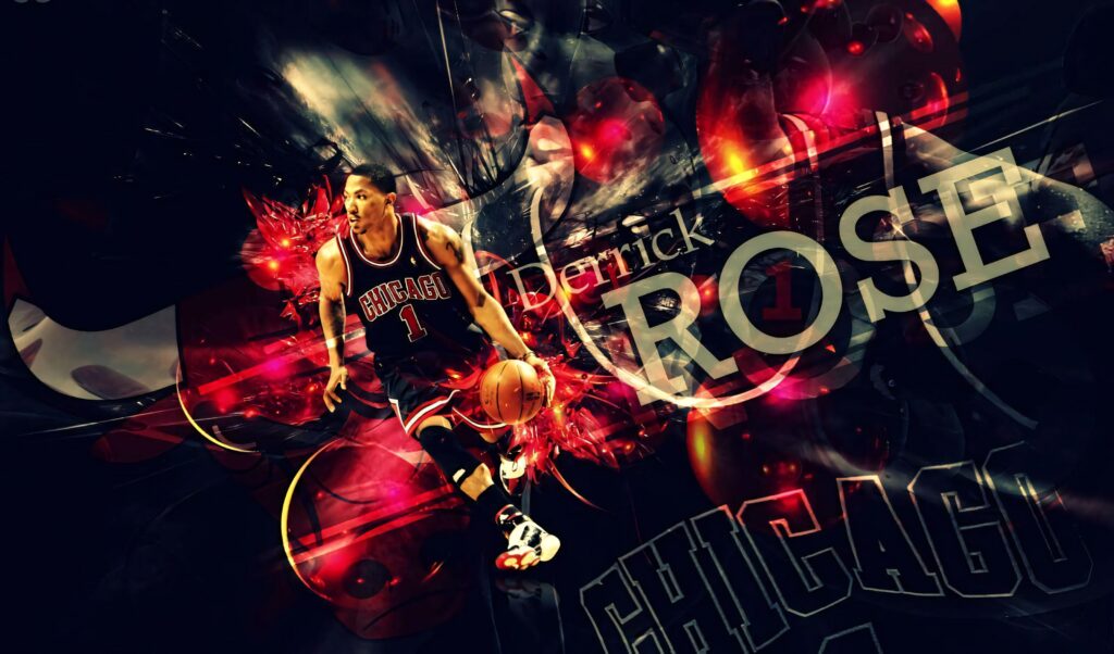 Derrick Rose Chicago Bulls action wallpaper vibrant red black tones explosive basketball design