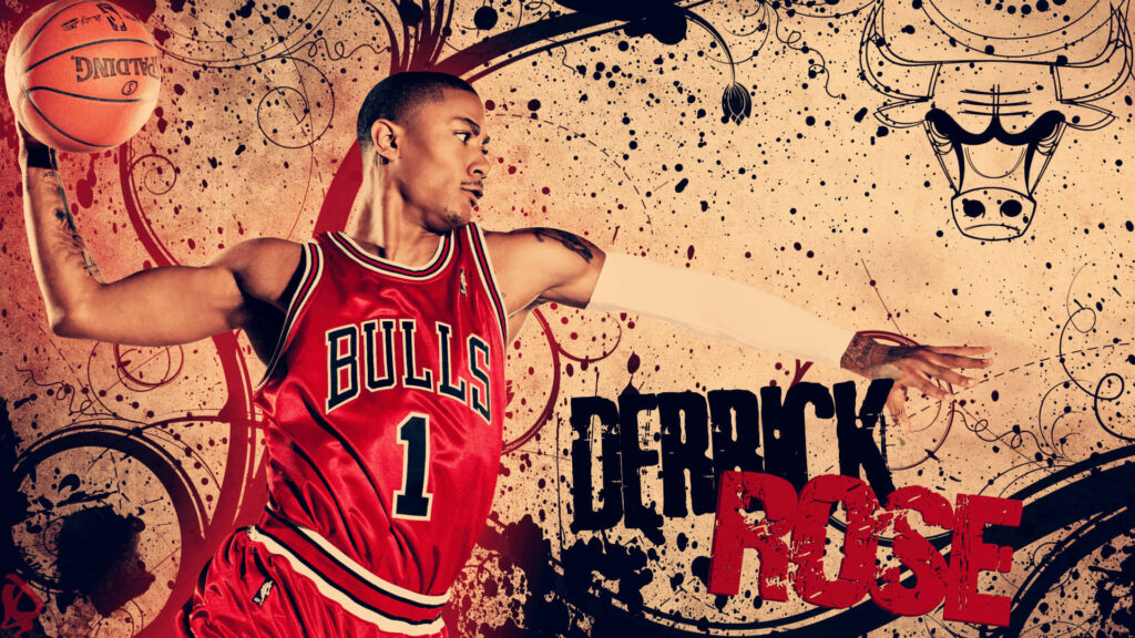 Derrick Rose Chicago Bulls digital poster mid-action with red black tones and urban style background Wallpaper