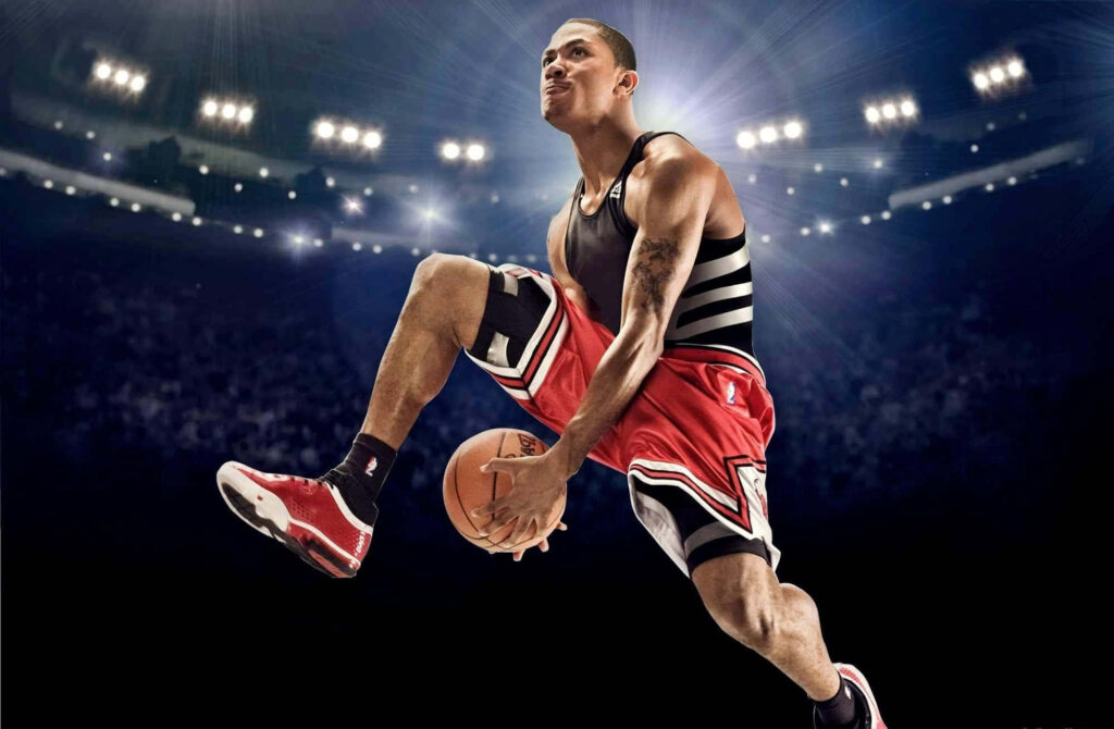 Derrick Rose mid-air dunk in Chicago Bulls uniform with dramatic stadium lighting NBA wallpaper