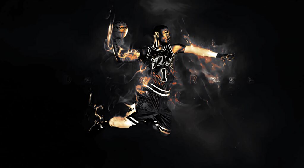 Derrick Rose mid-air in Chicago Bulls uniform with smoky effects and glowing basketball wallpaper