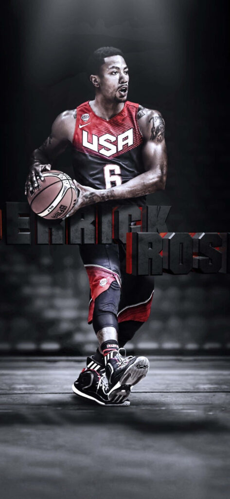 Derrick Rose USA basketball wallpaper dynamic action dark background intense focus athletic