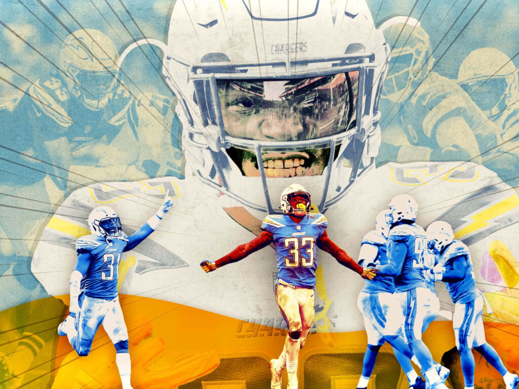 Derwin James Jr football fanart wallpaper bold blue gold tones intense leadership portrait