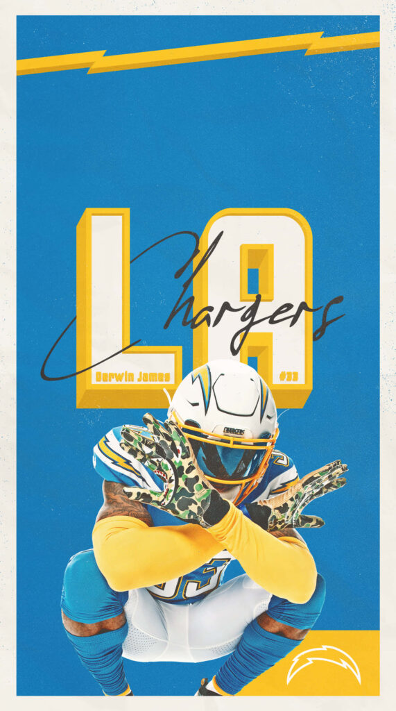 Derwin James Jr Los Angeles Chargers graphic art poster in blue and gold dynamic action pose Wallpaper