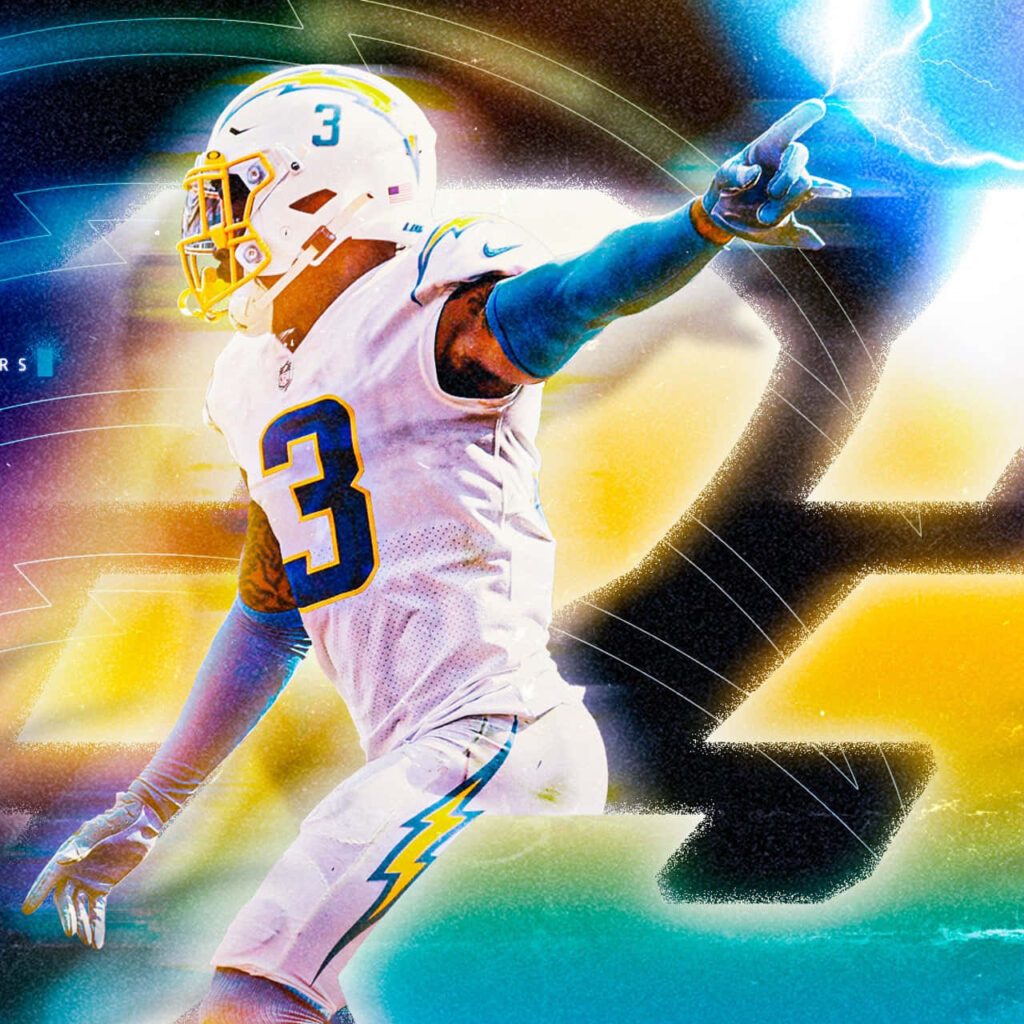 Derwin James Jr Los Angeles Chargers action wallpaper with vibrant lightning and electric blue hues