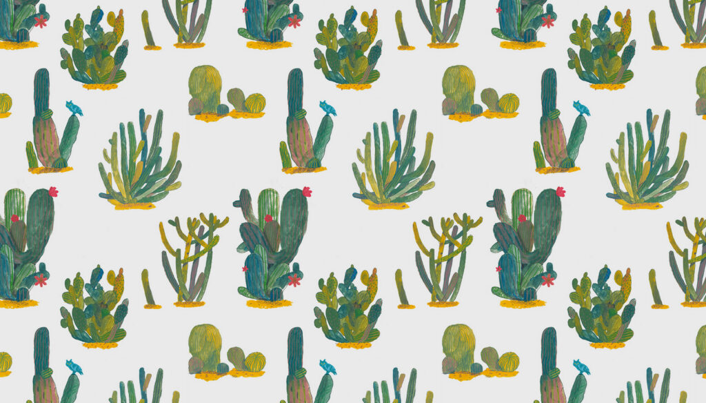 Hand-drawn cactus wallpaper with vibrant succulents red blooms and blue birds on off-white background