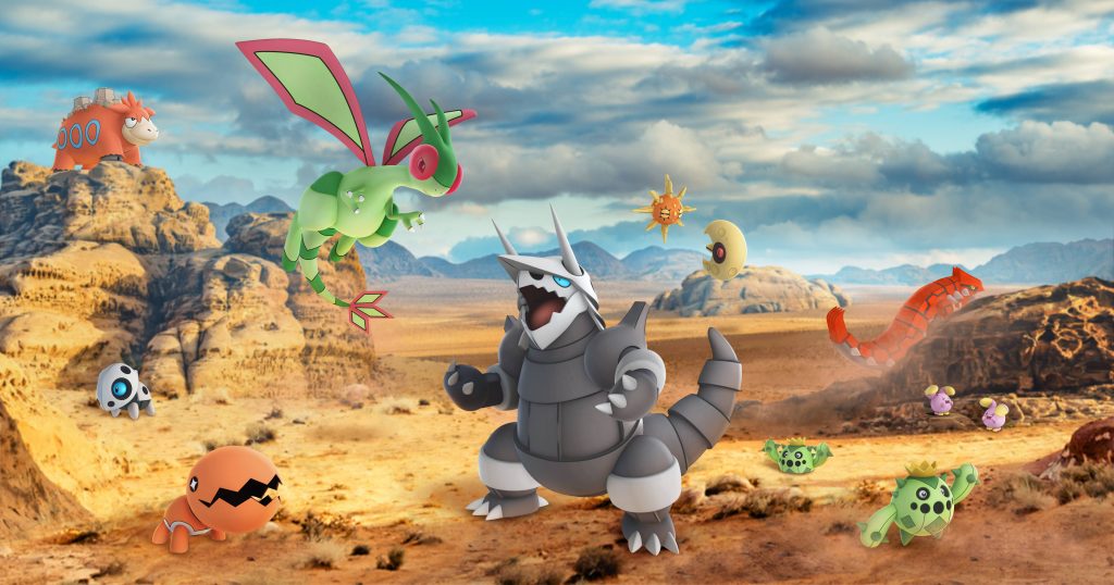 3D desert Pokémon wallpaper with Flygon Aggron Groudon Camerupt Trapinch and Cacturne under blue sky