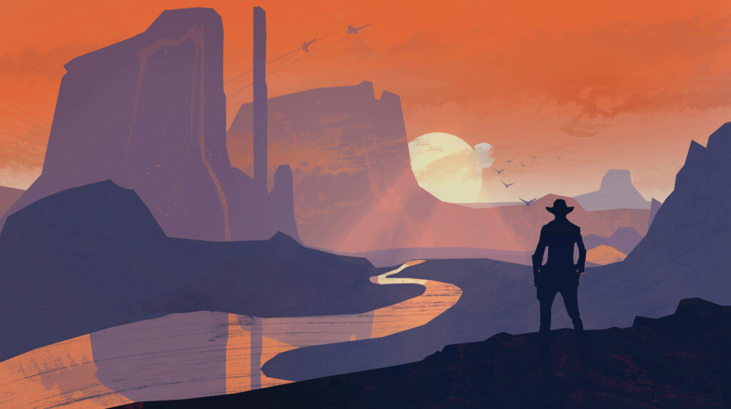Desert Sunset Silhouette Wallpaper: Man, Hat, and River Reflections