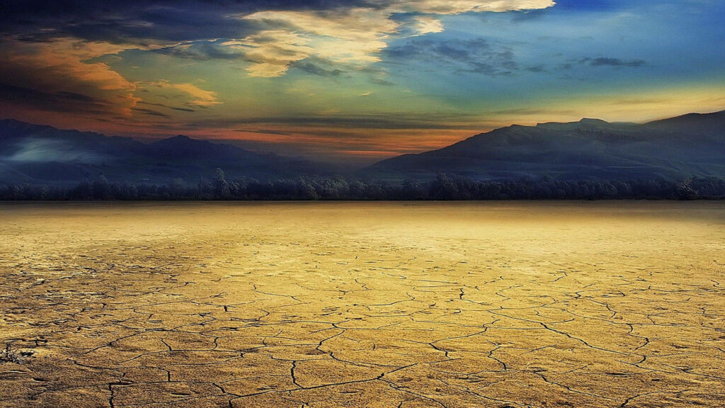 A Serene Evening over the Arid Mountains: A Scenic Painting of a Desert Landscape at Sunset Wallpaper
