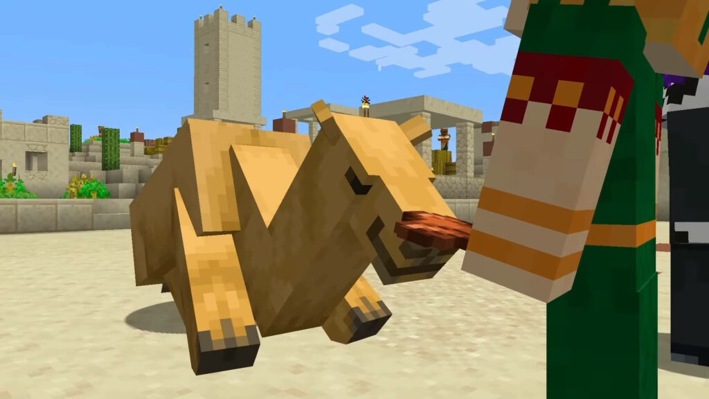 Camel Reverence alongside Adventurers in a Desert Village: Stunning Minecraft HD Wallpaper
