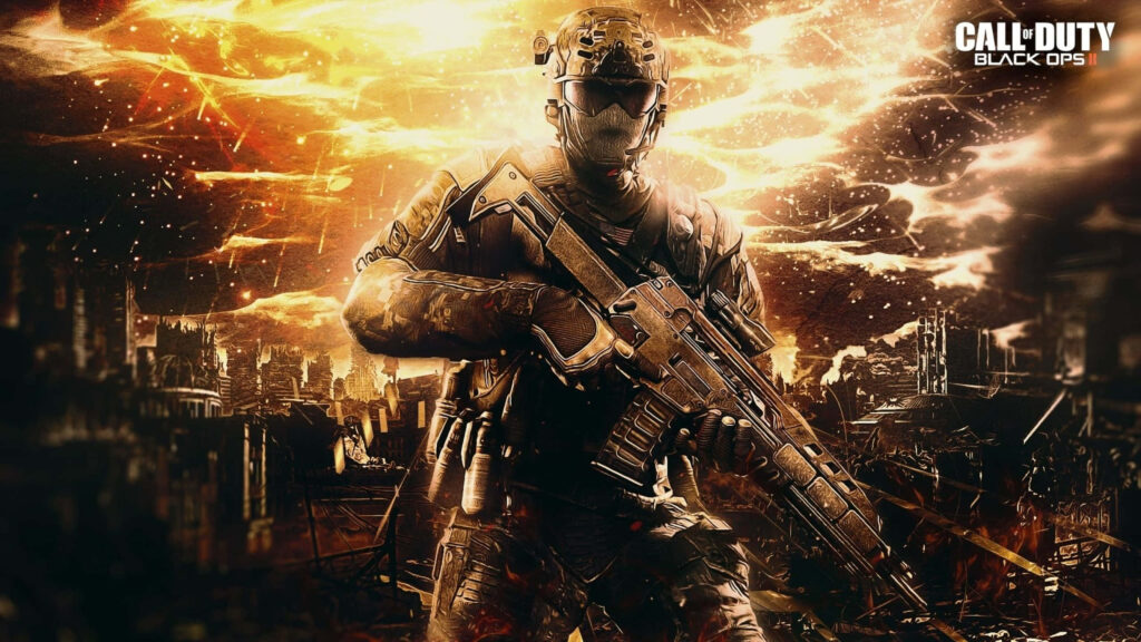 Call of Duty: Black Ops II Futuristic Soldier Wallpaper in Fiery Battlefield