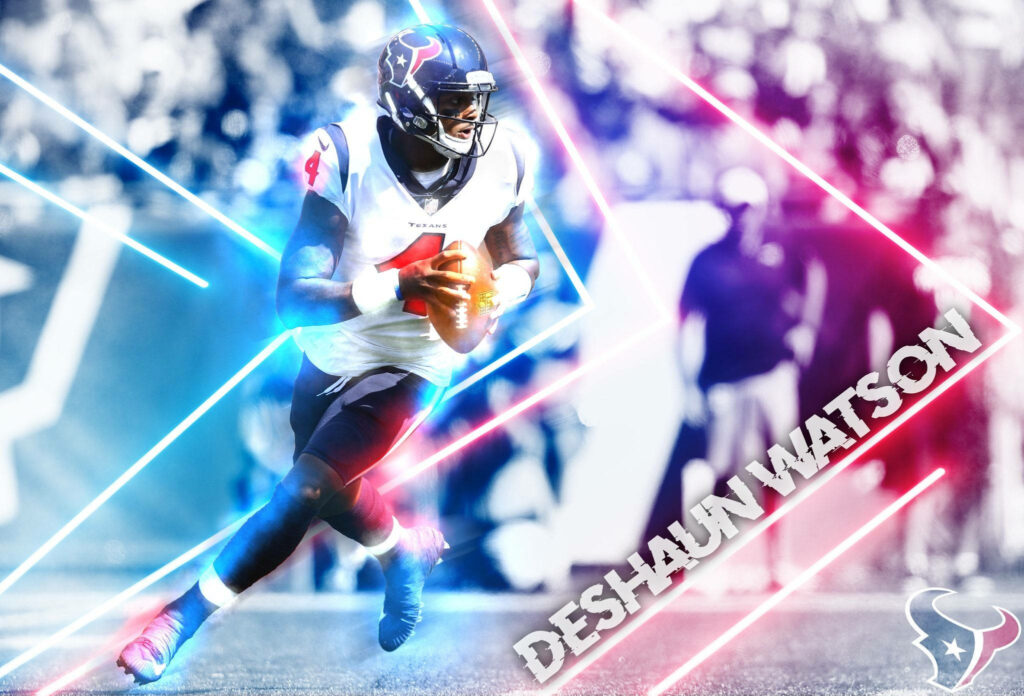 Deshaun Watson in action with neon blue pink lines Houston Texans stadium background wallpaper