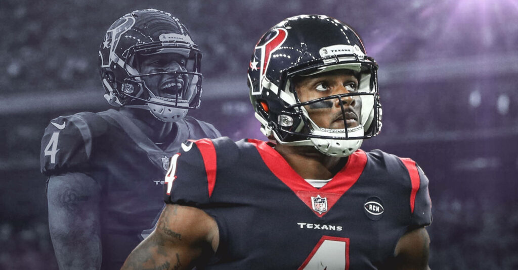 Deshaun Watson Houston Texans uniform intense dynamic sports wallpaper with purple background