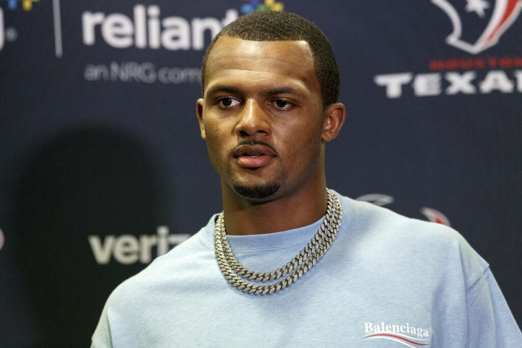 Deshaun Watson in light blue Balenciaga sweatshirt at Houston Texans post-game press conference Wallpaper