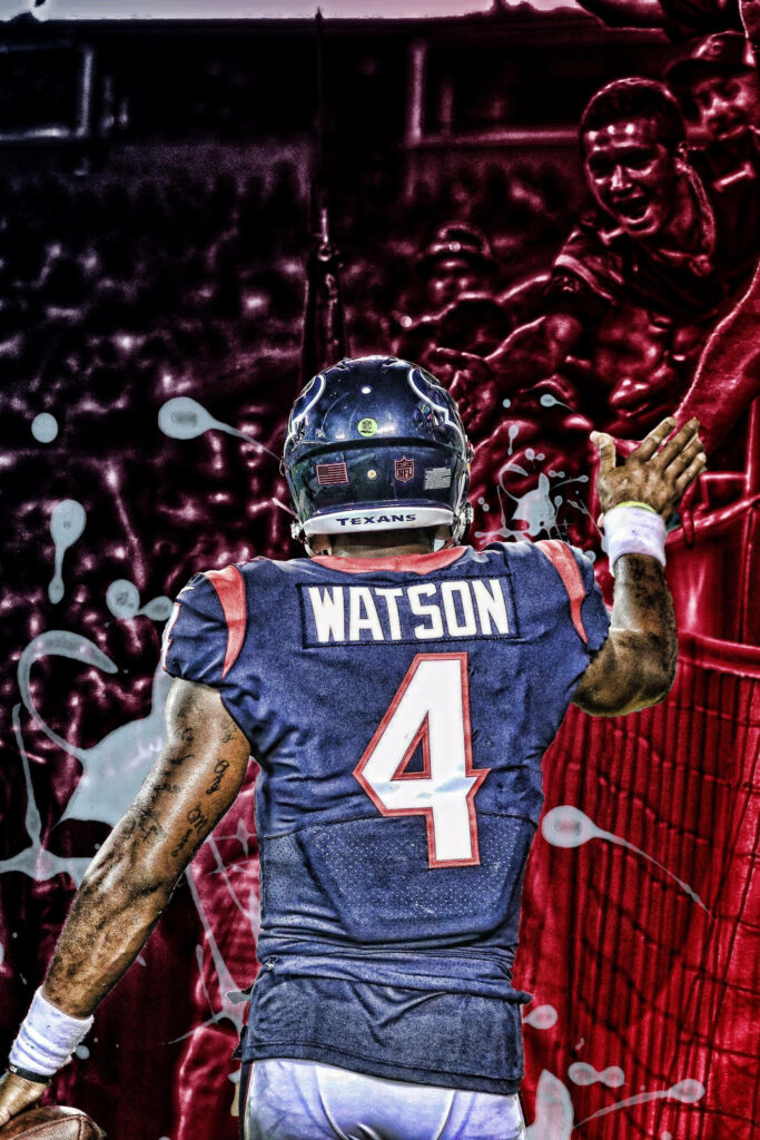 Deshaun Watson Texans jersey high-five with fans vibrant red stylized sports wallpaper background