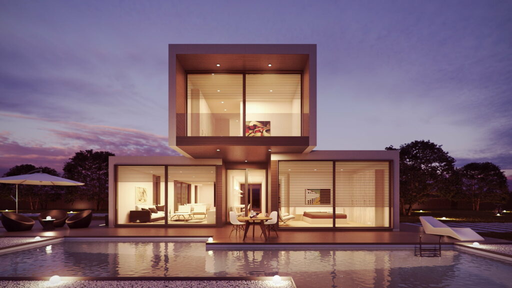 Contemporary white two-story house with glass facades and serene pool at twilight luxury living Wallpaper
