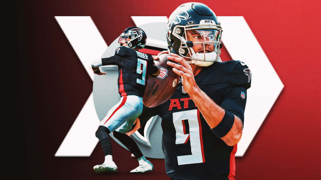 Desmond Ridder Atlanta Falcons quarterback in action red white geometric wallpaper background