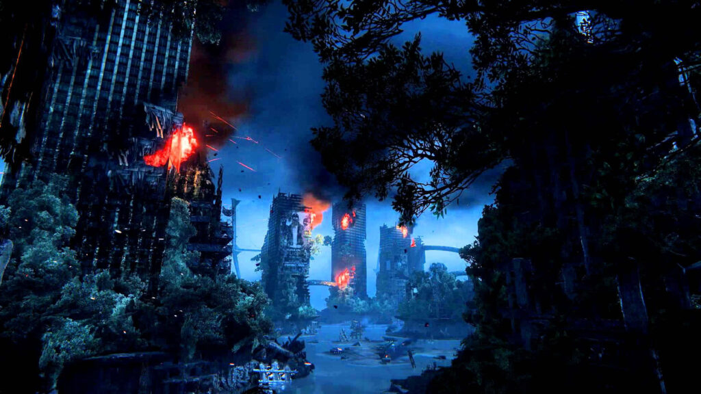 Crysis 3 Urban Jungle Night Scene Wallpaper - Futuristic Skyscrapers, Explosions, Nature Conflict
