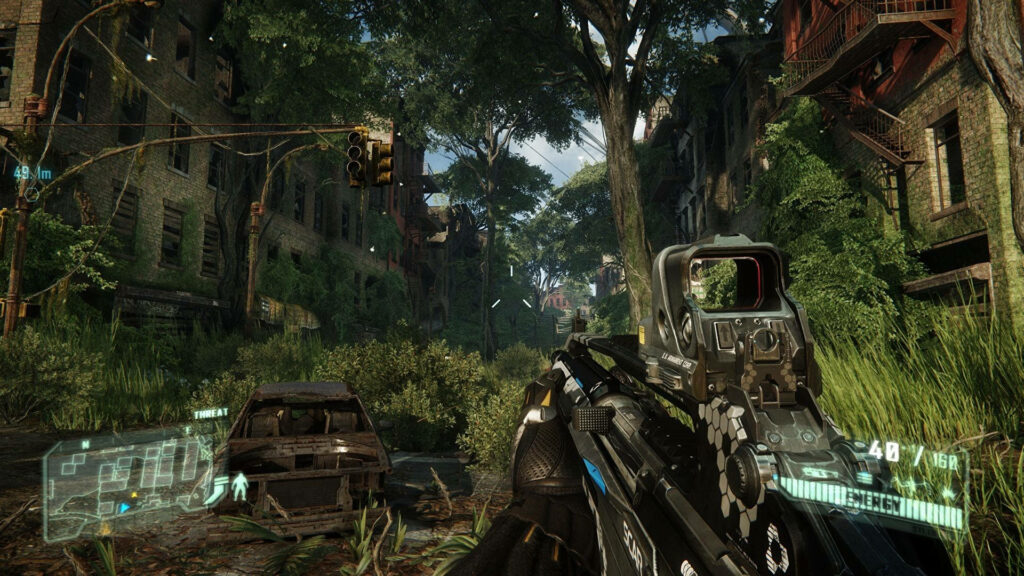 Crysis 3 Wallpaper: Player with Futuristic Weapon in Post-Apocalyptic Cityscape
