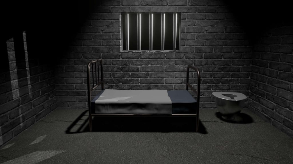 3D digital art of a dark isolated prison cell with metal bed steel toilet and barred window Wallpaper