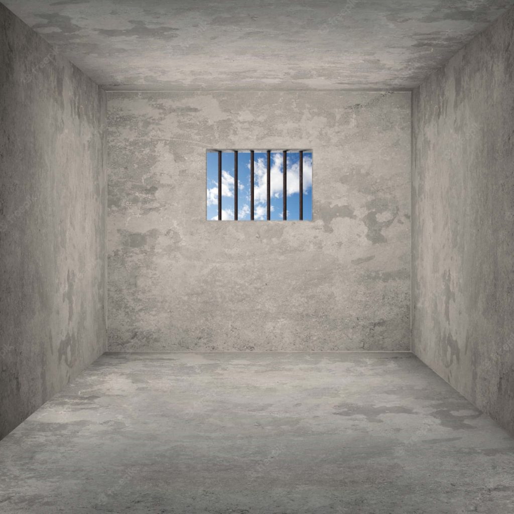 Desolate prison cell wallpaper with weathered walls and barred window showing blue cloudy sky