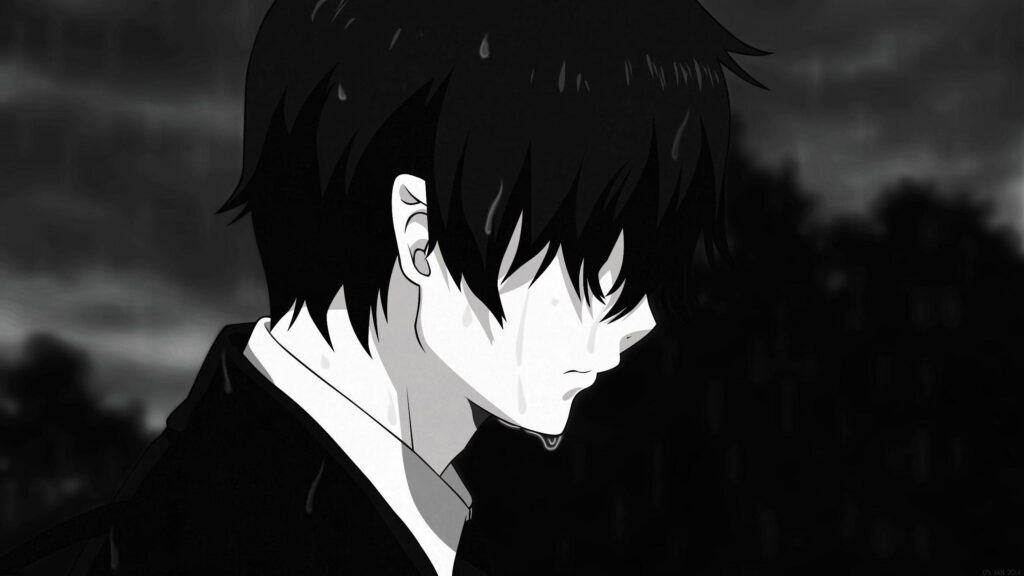 Desolate Reflections: A Digital Depiction of a Weary Soul Lost in the Rain under a Mysterious Night Sky Wallpaper