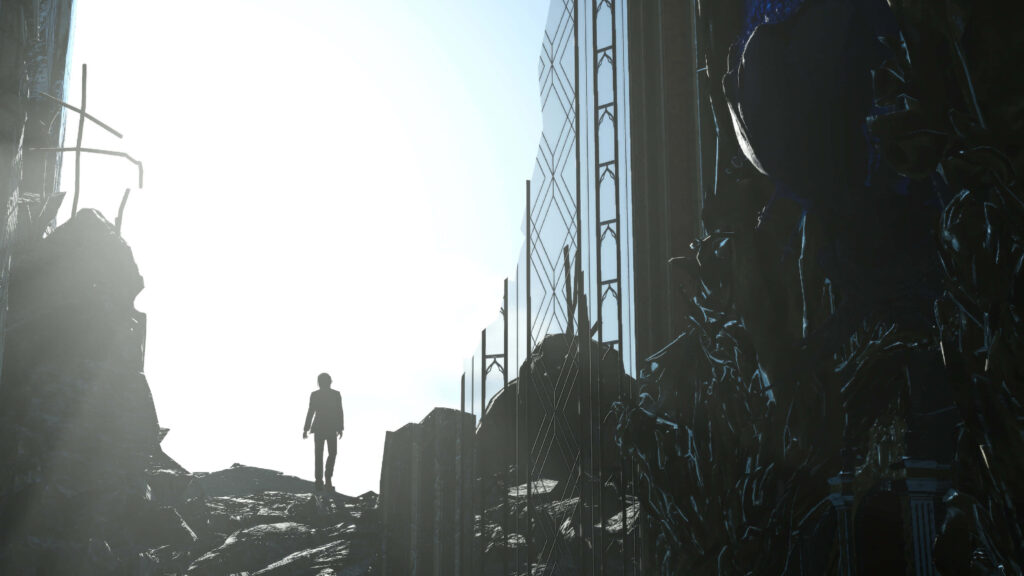 Final Fantasy XV Wallpaper: Solitary Figure in Epic Landscape & Mechanical Structures