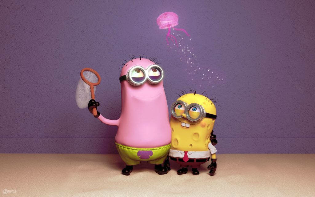 The Hilarious Crossover: Minions Cosplaying as Spongebob and Patrick Wallpaper