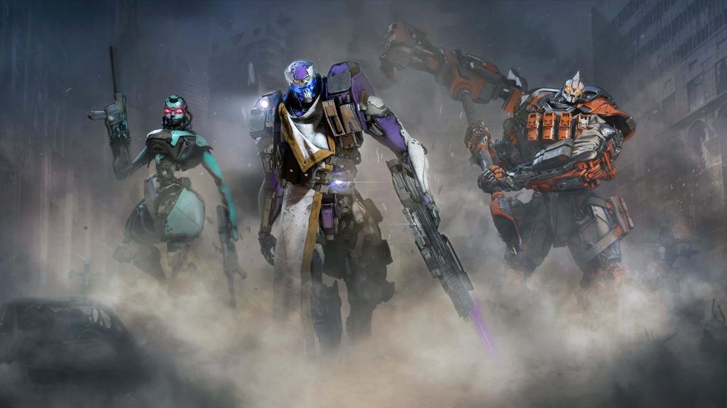 Destiny 2 fireteam Exo Guardians Hunter Warlock Titan in smoky war-torn city digital art wallpaper