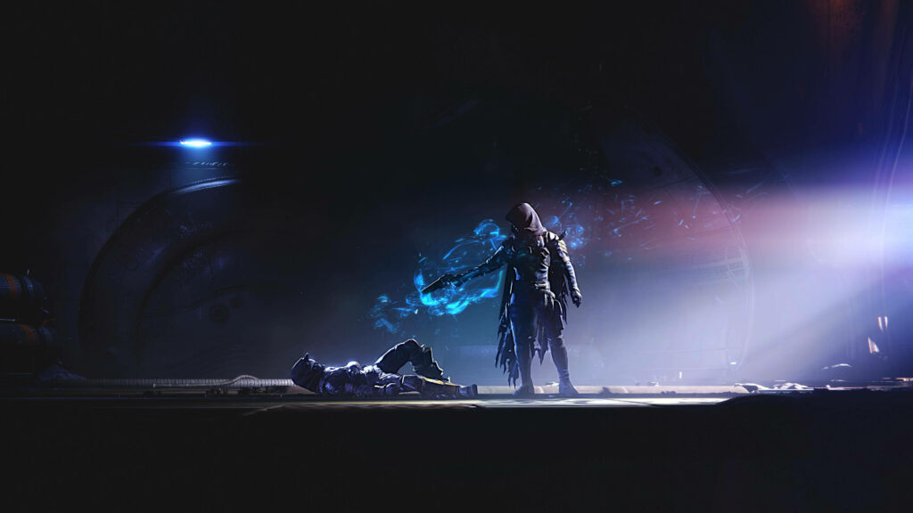 Destiny wallpaper with Cayde-6 in cinematic neon light and deep shadows action pose background