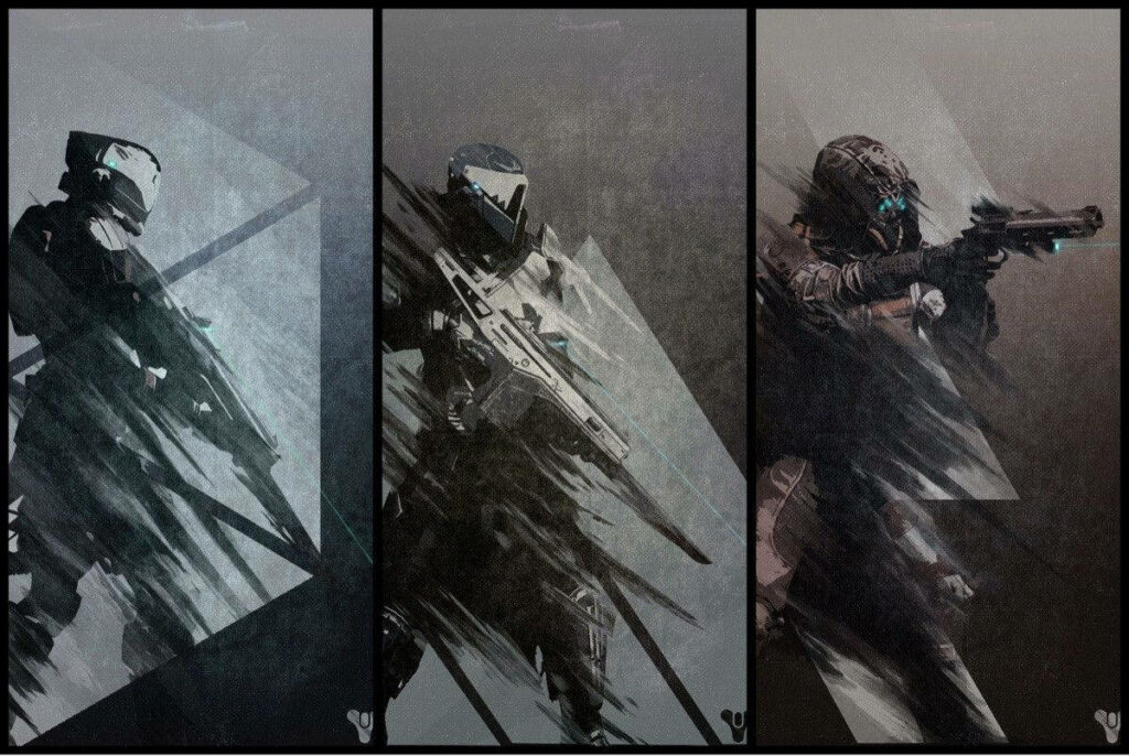 Epic Destiny Character Collage: Hunter, Titan & Warlock Wallpaper