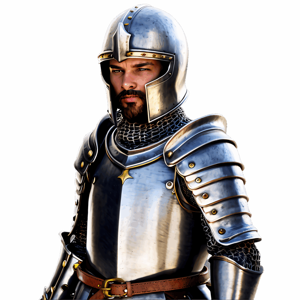 Detailed animated knight in shining silver armor with intricate chainmail on plain background Wallpaper