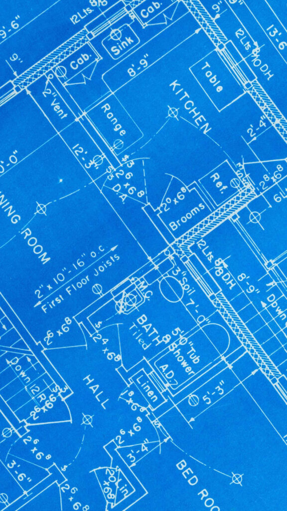 Detailed architectural blueprint wallpaper with precise room layouts and measurements on blue background
