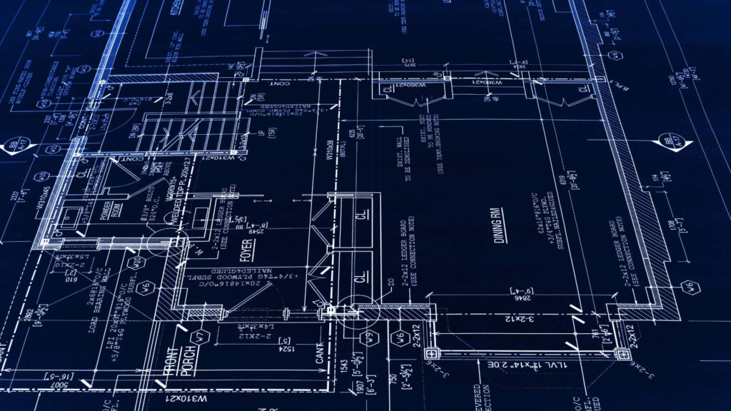 Detailed architectural blueprint wallpaper with white technical drawings on dark blue background