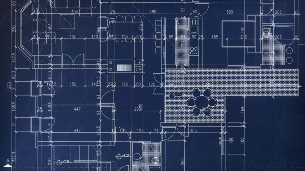 Detailed architectural blueprint wallpaper with intricate floor plans and engineering designs background