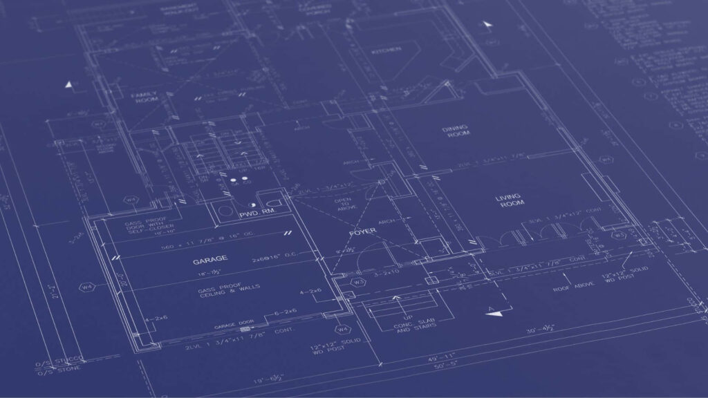Architectural blueprint wallpaper with detailed floor plans on deep blue background for designers