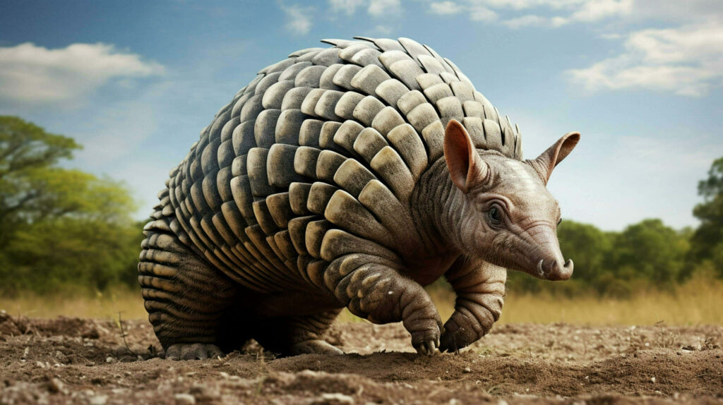 Detailed armadillo standing alert on earthy ground with sunlit trees and open sky background Wallpaper
