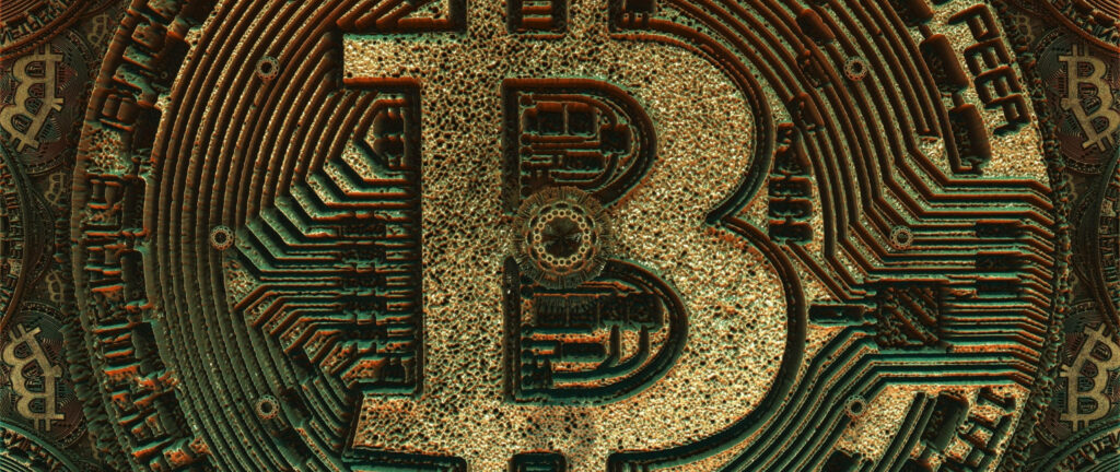 Closeup of detailed Bitcoin symbol showcasing digital cryptocurrency technology background wallpaper