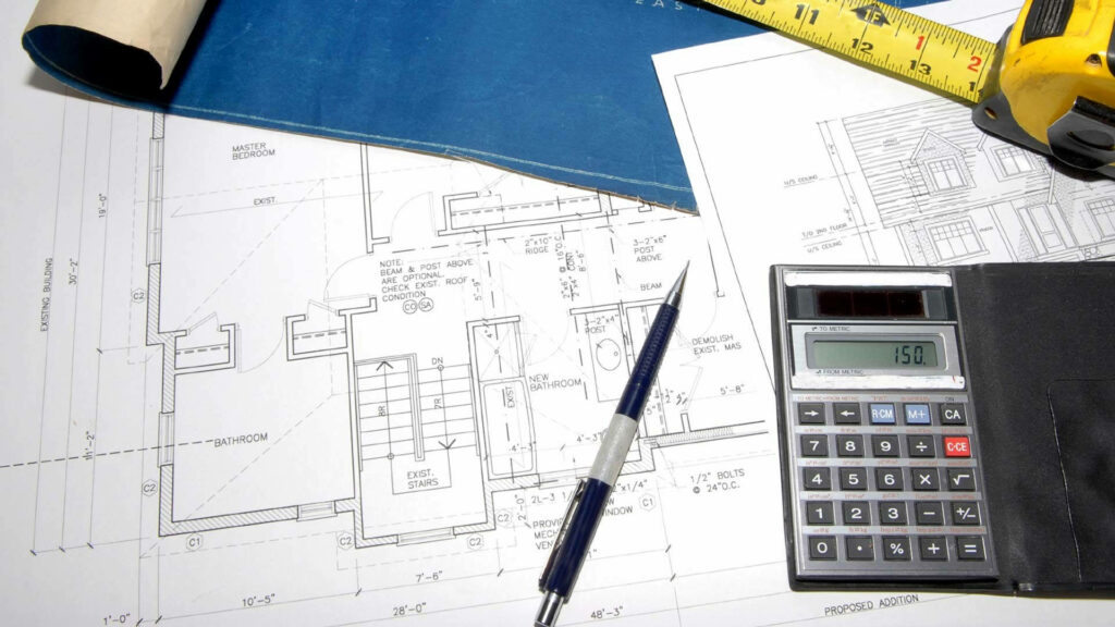 Architectural blueprints drafting tools calculator measuring tape civil engineering wallpaper background