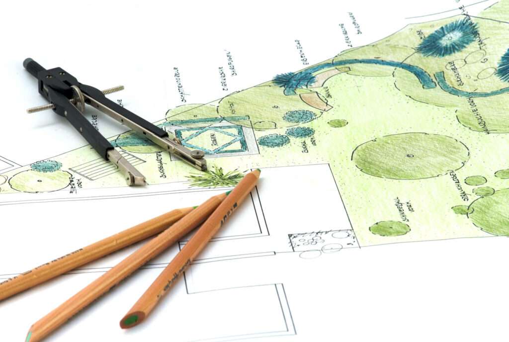 Detailed civil engineering site plan with landscape design and drawing tools background wallpaper