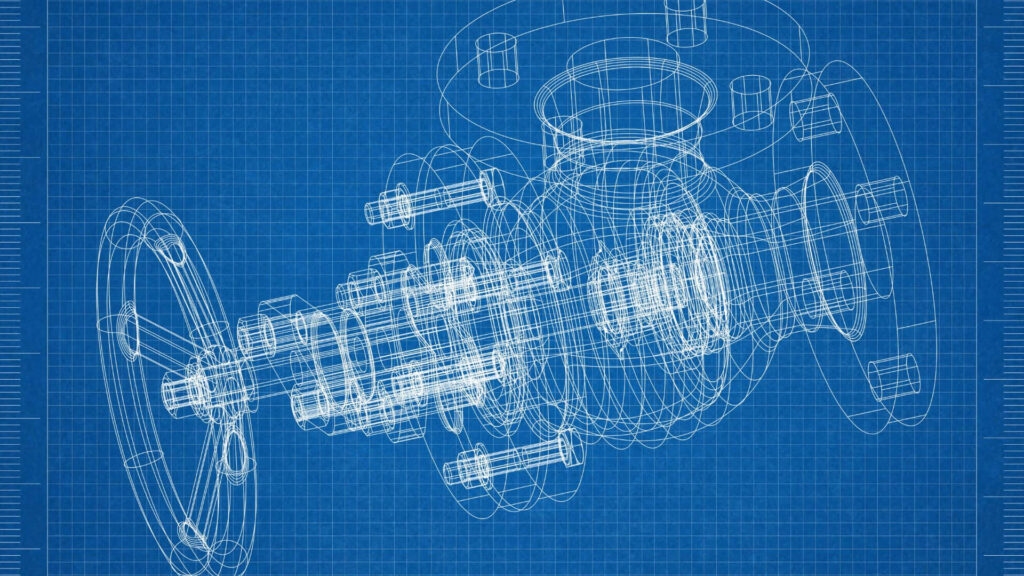 Detailed engine blueprint wallpaper with intricate mechanical parts on classic blue grid background