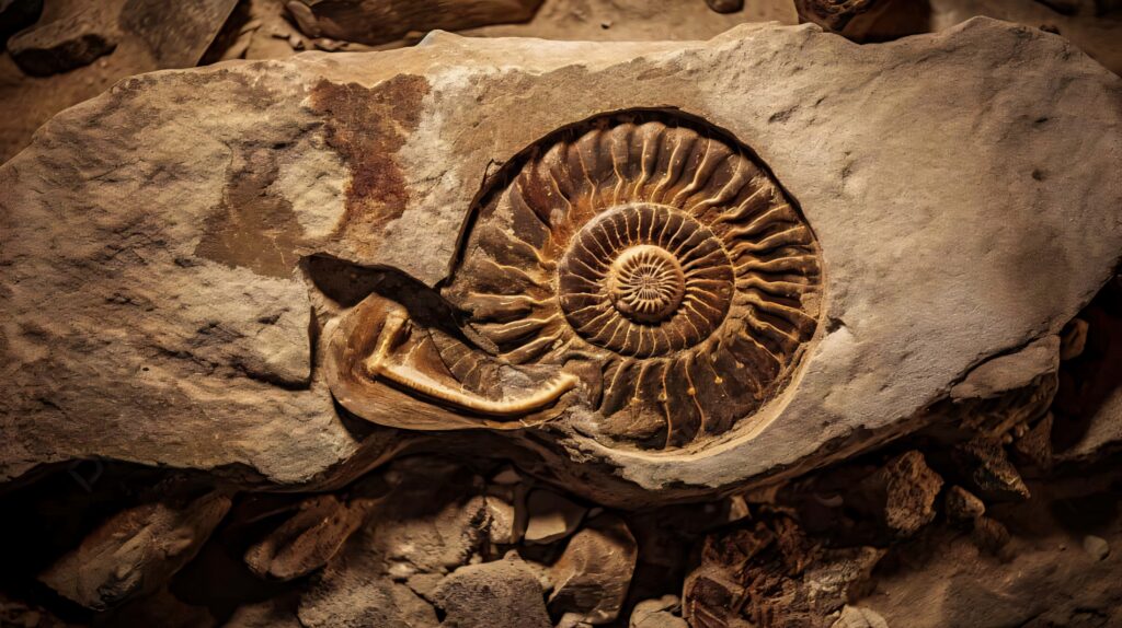 Fossilized ammonite spiral pattern in rock detailed ancient geological texture wallpaper background