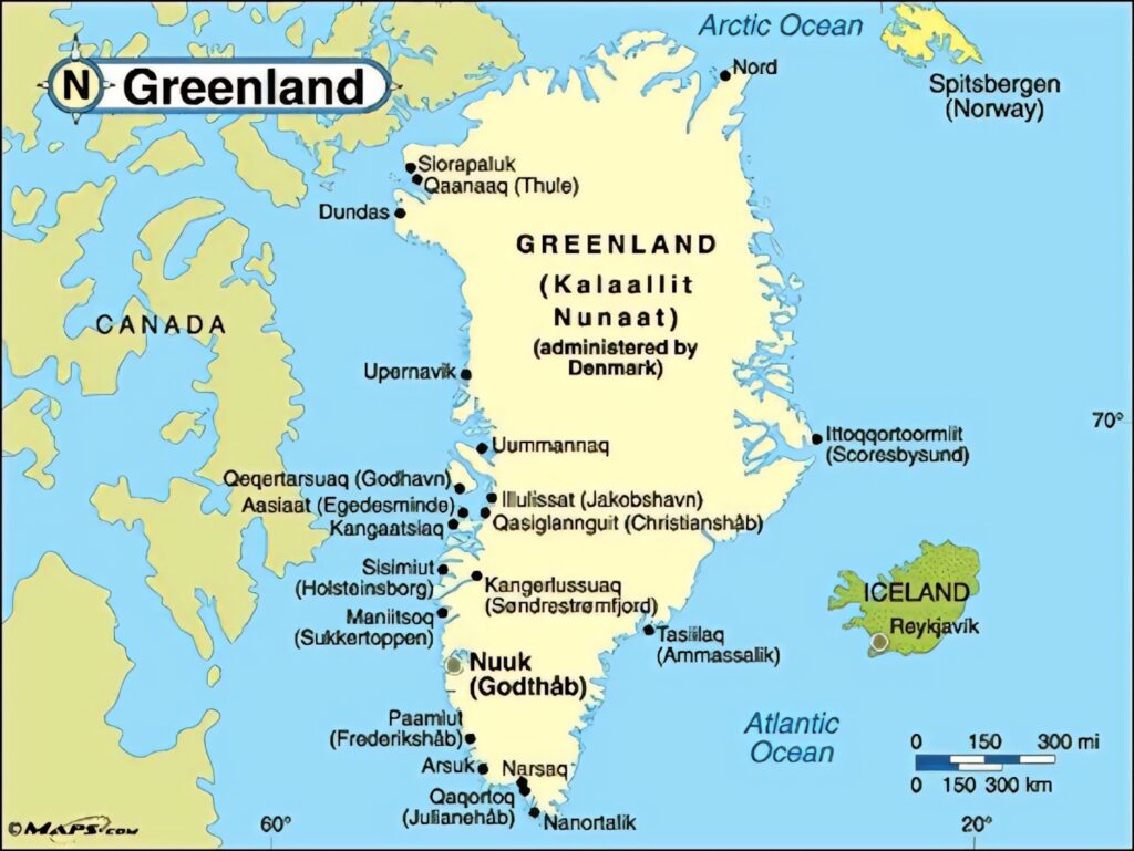 Detailed geographical map of Greenland showing cities towns oceans and neighboring regions Wallpaper